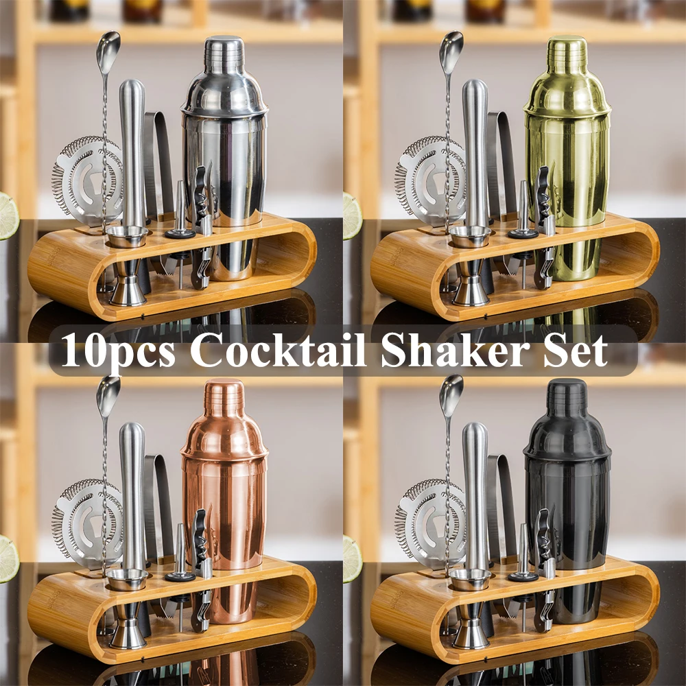 

10Pcs Professional Cocktail Shaker Set with Bamboo Stand Cocktail Kit Mixologist Bartender Tools for Home Bar Accessories