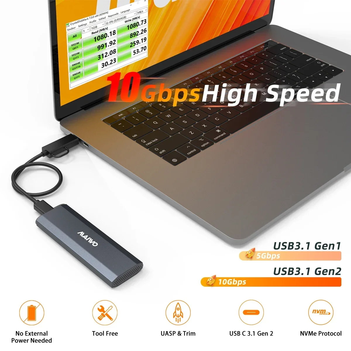 MAIWO M.2 SATA NVMe Enclosure 10Gbps Casing SSD Eksternal Tipe C USB 3.1 Gen 2 Kotak Hard Drive Disk untuk PCie NVMe SSD dan SATA SSD