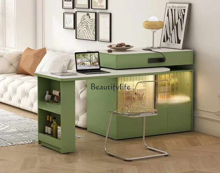 

13French Style Stone Bar Counter Solid Wood Partition High-end Movable Dining Table Multifunctional Storage Cabinet