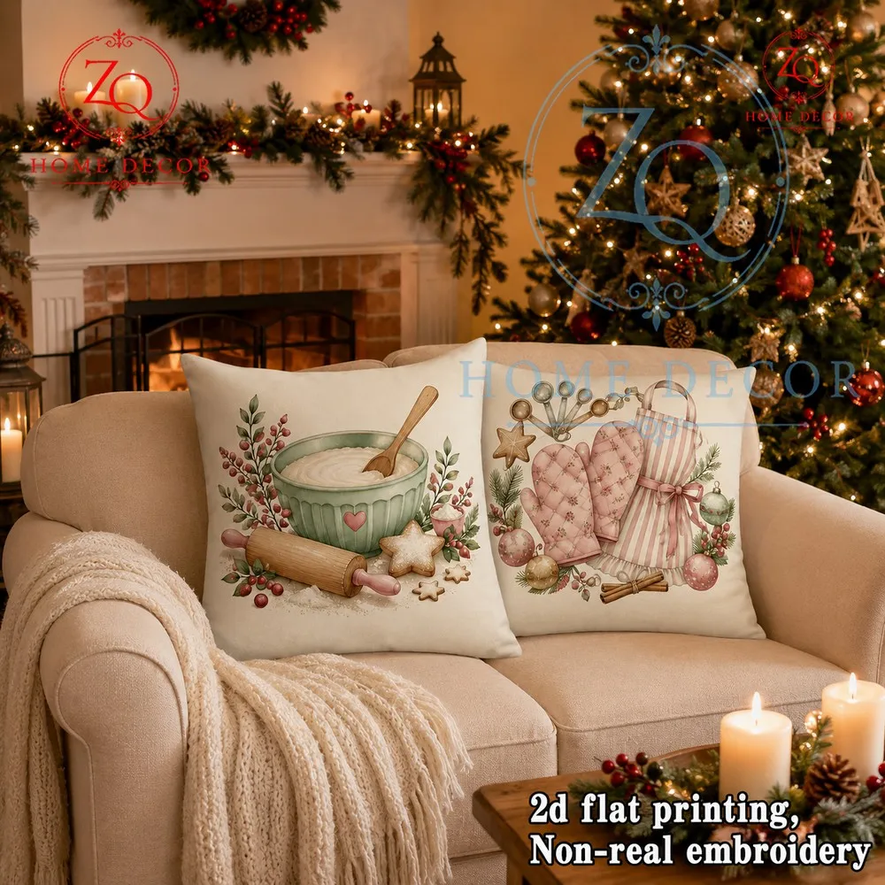 French retro bakingthemed cushion cover with pink apron  heresistant gloves print a cozy Christmasthemed home cushion cover.