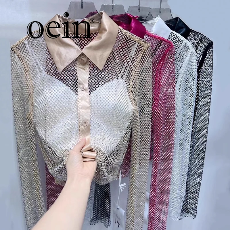 

[oein] Heavy Industry Diamond Studded Mesh Hollow Out Long Sleeved Shirt For Spring, New Stylish Versatile Shirt, Camisole Vest