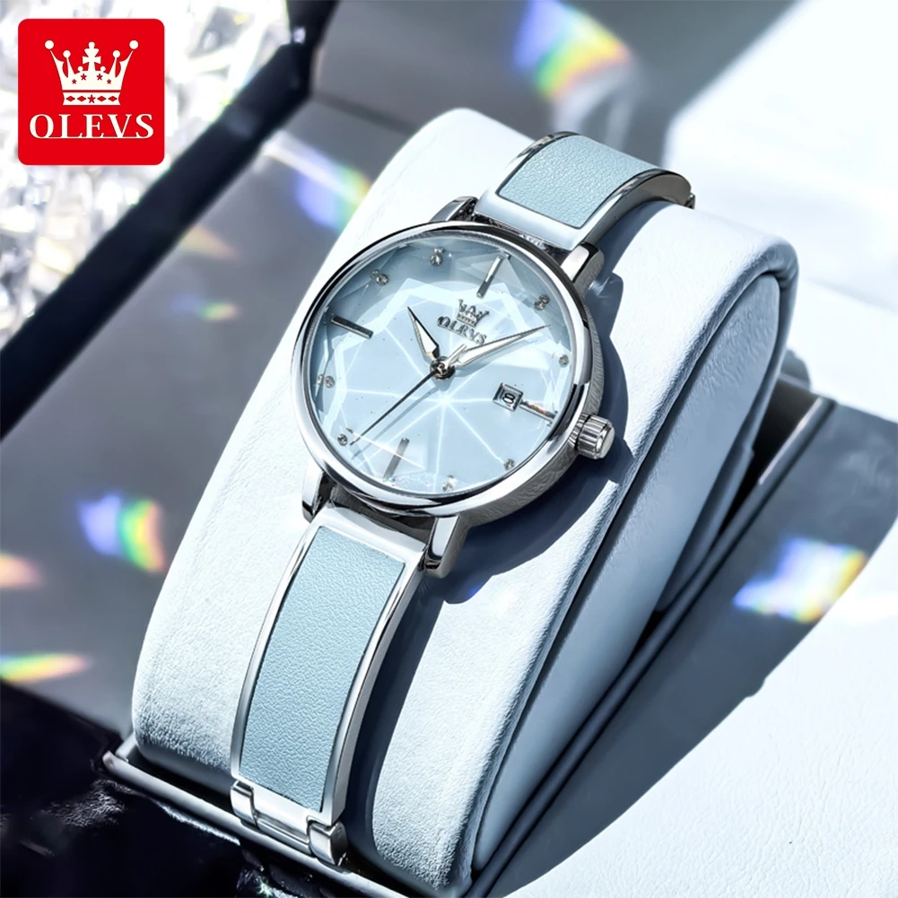 OLEVS 5656 Original Quartz Watches for Women Steel Strap Leather Belt Rhombus Mirror Fashion Elegant Ladies Dress Wrist Watches