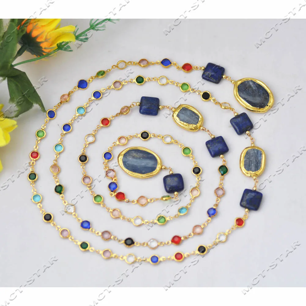 MTC·STAR 50'' 28mm Square Oval Coin Blue Crystal Lapis lazuli Multicolor Clean CZ Golden Chain Necklace (Z14163)