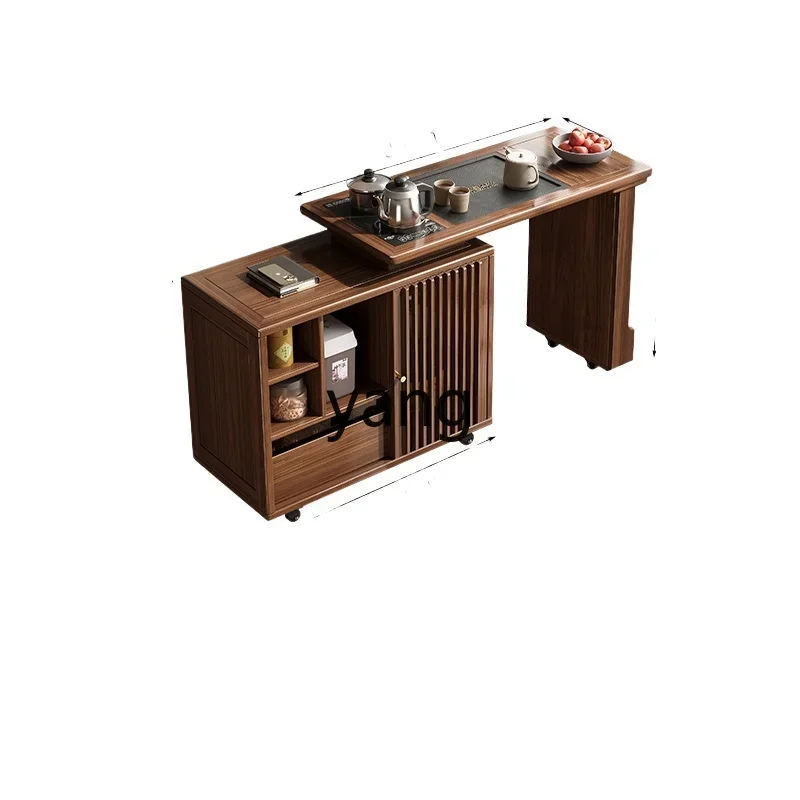 LMM, New Chinese Solid Wood Revolving Tea Table Chair Living Room Balcony Leisure Black Walnut Tea Table