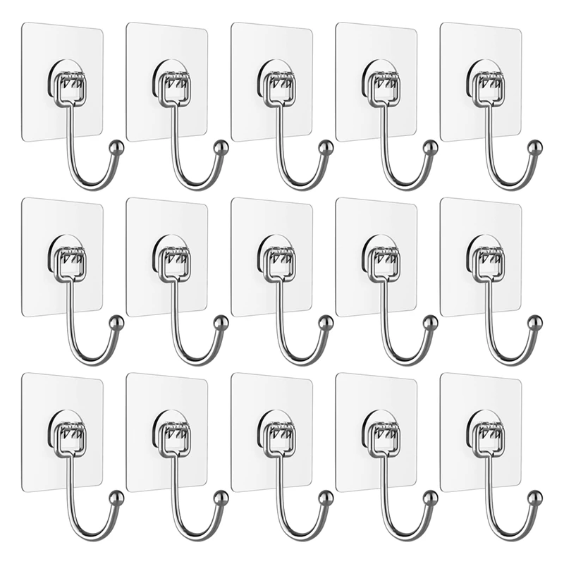 15 Piece Adhesive Hooks Waterproof Transparent Hooks For Hanging Heavy Duty Wall Hooks For Bathroom Shower Kitchen