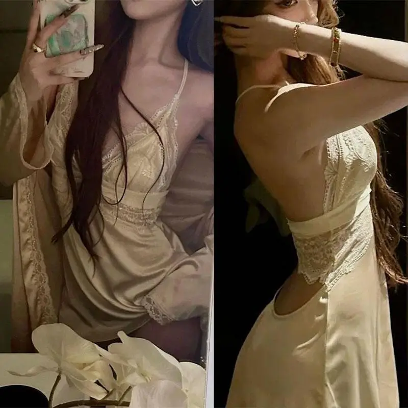 

Новый летний комплект для сна 2026: сексуальный атласный халат-кимоно с кружевными вставками и открытой спиной, 2 предмета, для женщин