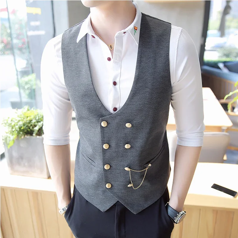 Heren Double Breasted Vest Lente 2024 Nieuwe Slanke Mouwloze Formele Pak Vest Grijs Zwart Mode Heren Business Casual pak Vest