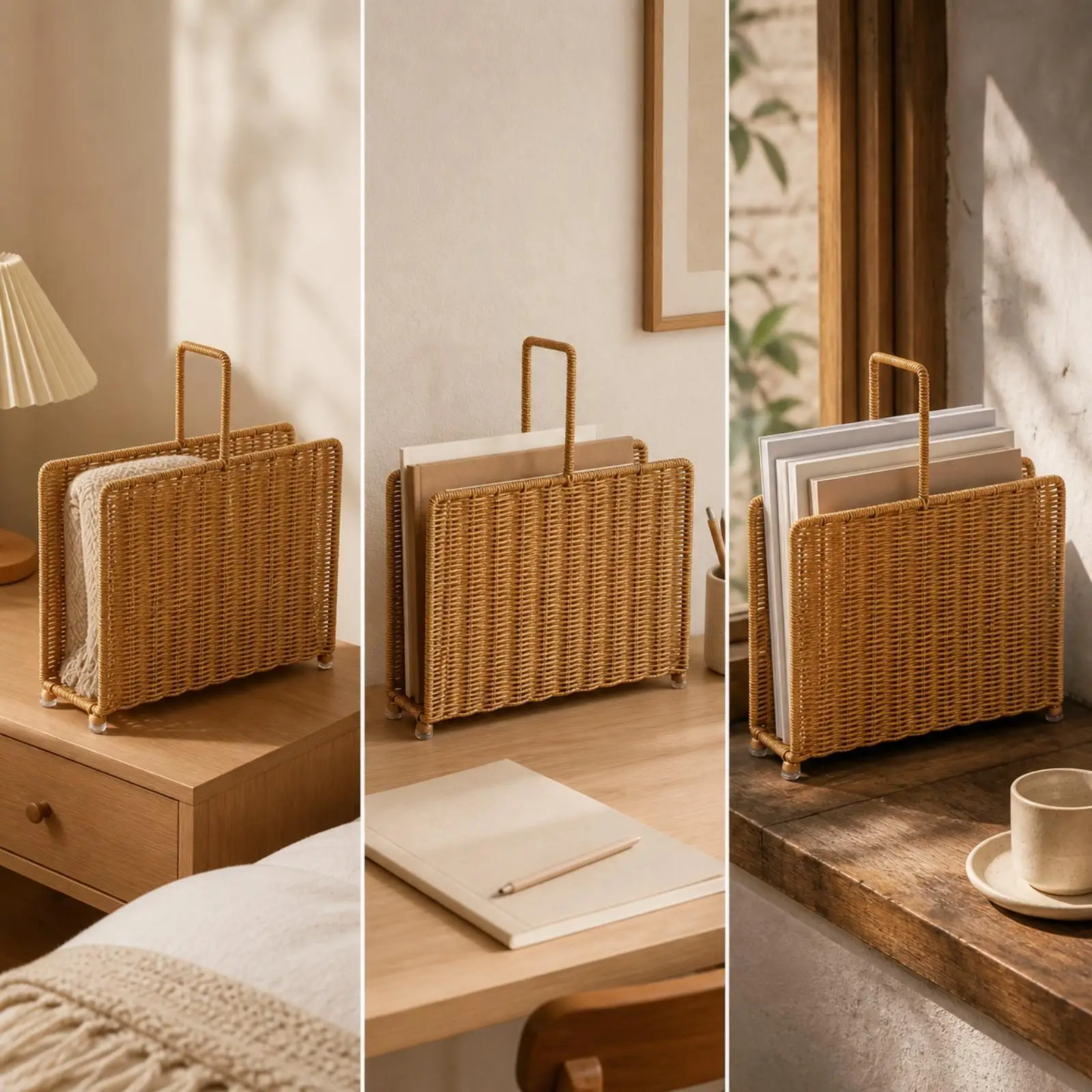 Natural Rattan Finish Magazine Shelf for Living Room and Bedroom Side Organizing