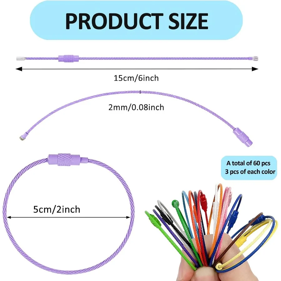 60 قطعة سلاسل المفاتيح الأسلاك المعدنية 6 Ihes الملونة النايلون المغلفة الفولاذ المقاوم للصدأ سلك معدني سلاسل المفاتيح مع حلقات المفاتيح كابل #2