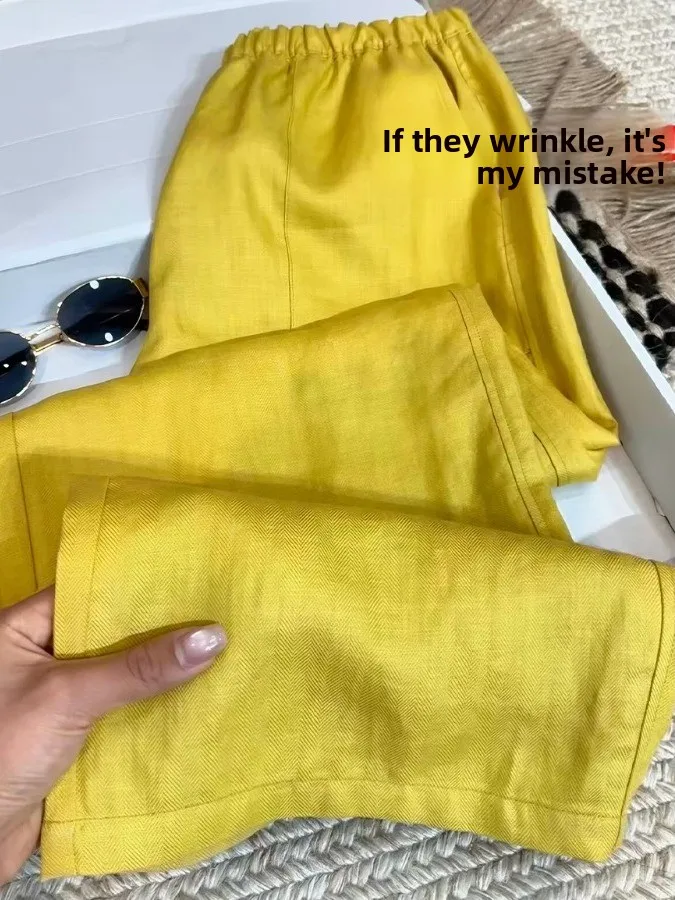 

High Waist Loose Fit Linen Wide Leg Pants Women's Summer New Style Breathable Casual Straight Leg Trousers Retro Pocket Detail