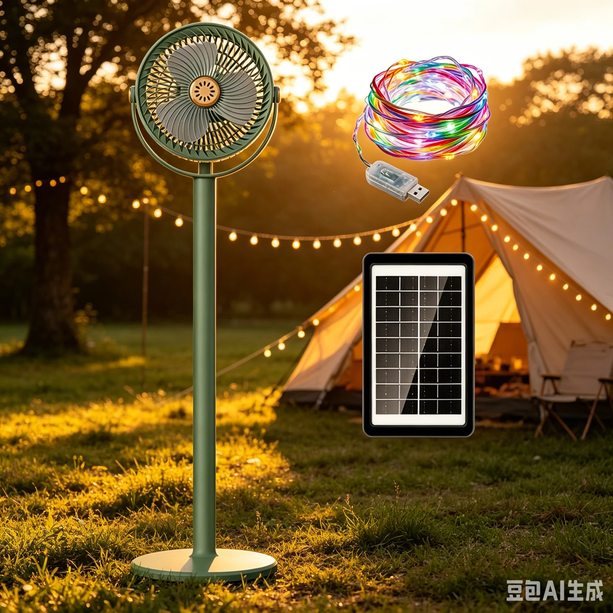 Portable Solar Standing Fan For Camping 5-Speed Rechargeable Compact Floor Fan With RGB LED Lights For Home & Travel