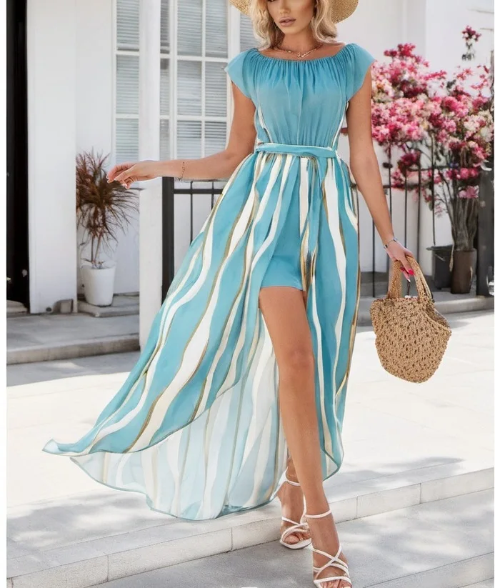 

Summer Women Chiffon Dresses Casual Beach Holiday Short Sleeve Slash Neck Woman Zebra Stripes Maxi Dress Bohemian Mujer Vestidos