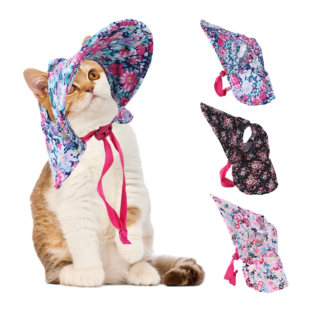 

Cute Floral Sun Protection Dog Hat Summer Outdoor Wide Brim Pet Cap Dog Kitten Sunshade Cap Puppy Grooming Dress Up Accessories