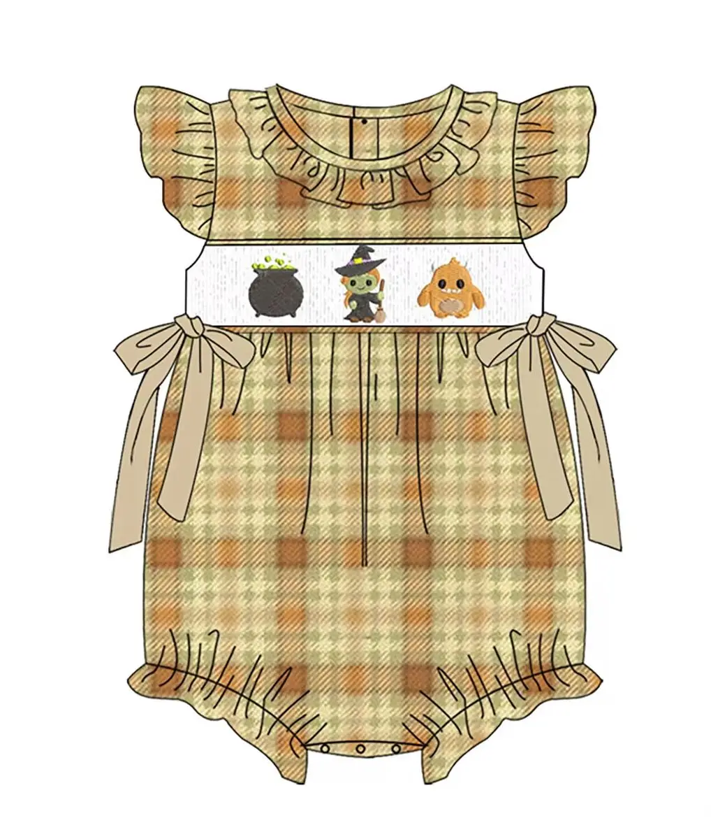 Toddler Baby Halloween Witch Monster Cauldron Set Baby Romper Plaid Ruffle Bow Sleeveless Overalls Kids Fall Outfit