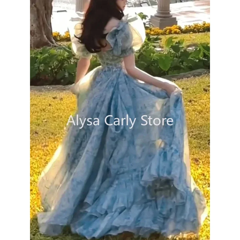 CyElegant 프린세스 플로럴 미디 드레스 여성 퍼프 슬리브 캐주얼 페어리 쉬폰 드레스 2025 겨울 저녁 한국 파티 로리타 드레스