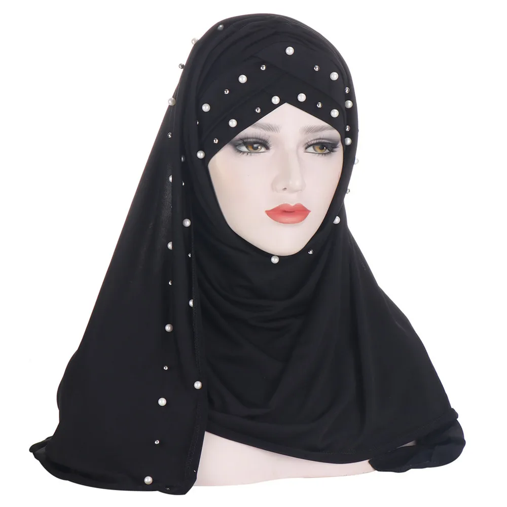 

Muslim Silk Instant Scarf Plain Hijabs Beads Shawl Wrap Femme Musulman Hijab Ready To Wear Turban Women Headscarf Turban Amira