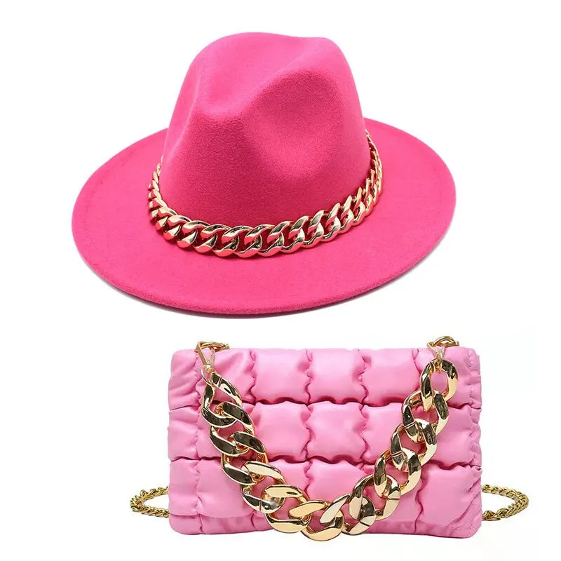 Women Luxury Accessories Gold Chain Bag Hats Set Ladies Leather Bag Tote Church Elegant Wild Jazz Top Hat Party Tide