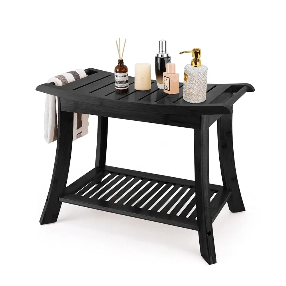 

Бамбуковая скамейка для душа и табурет с полкой для хранения, скамейки для ванной для внутреннего душа, табуретки для ванной комнаты, двухуровневое спа-сиденье для взрослых