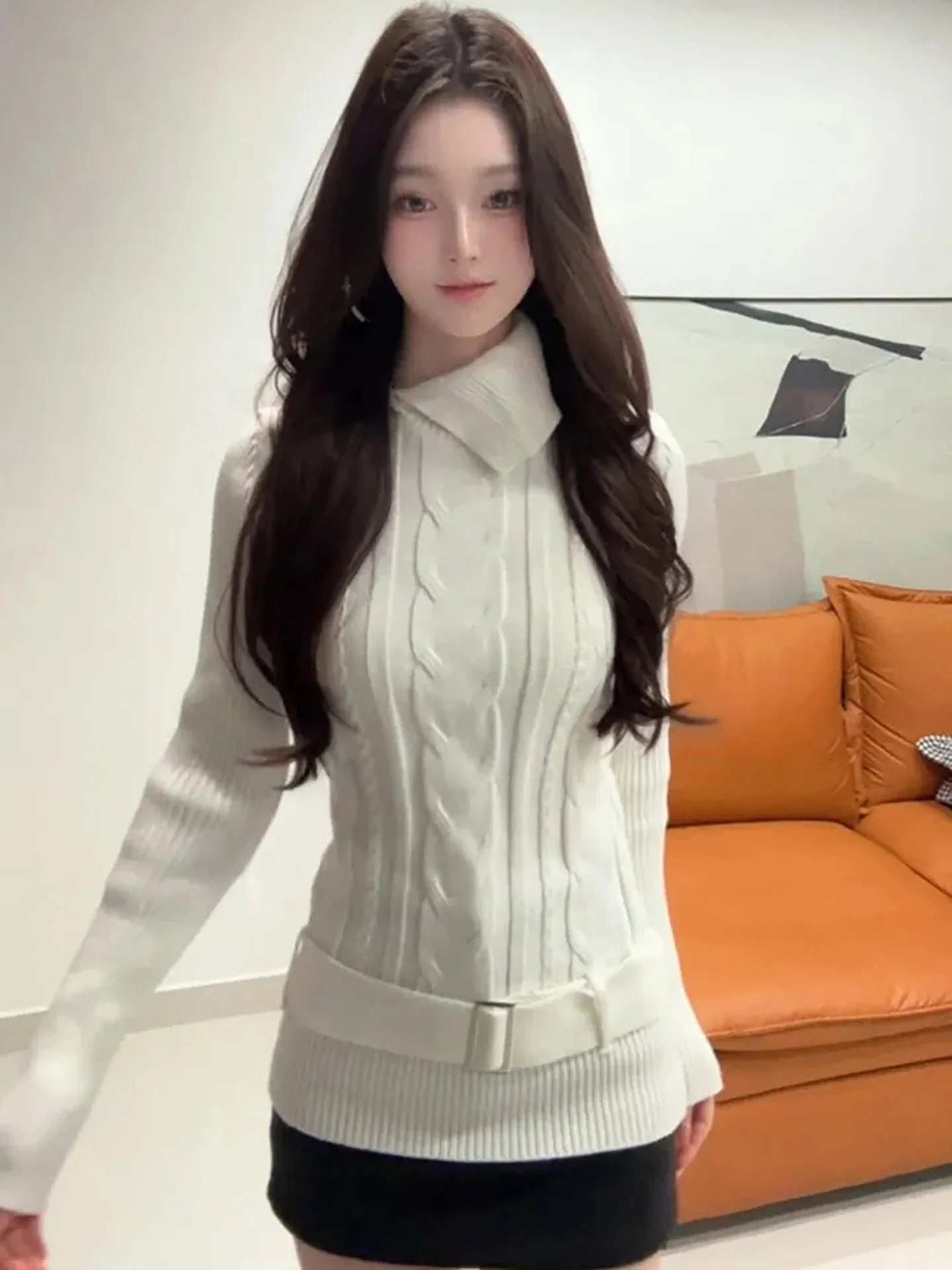 

White Knitted Crop Top Women's Spring New Sle Slim Fit High Collar Versatile Commute Base irt Soft Thiened Long Sve