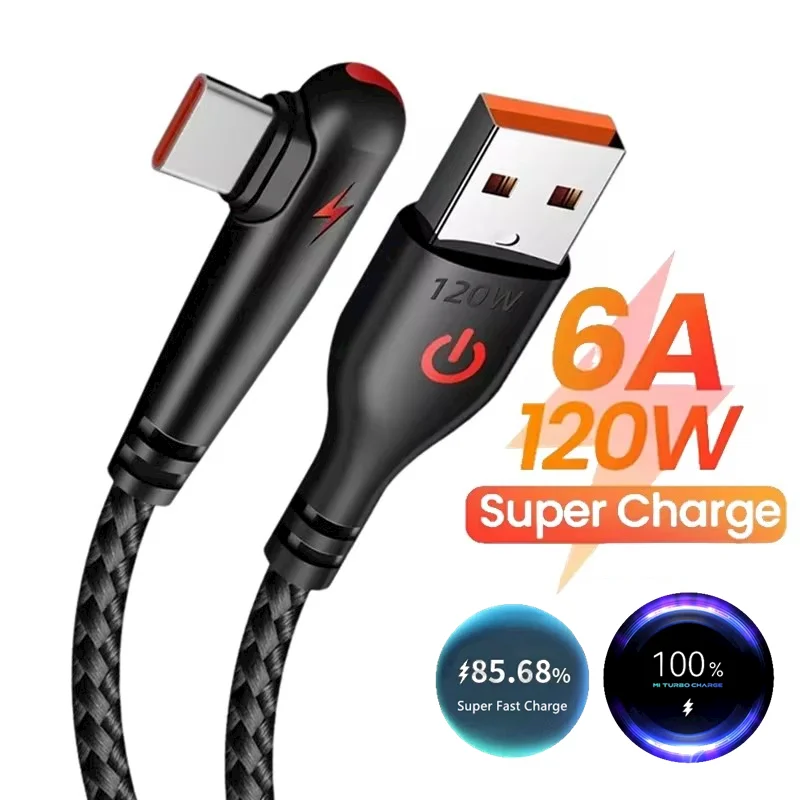 Elbow 6A 120W Type C USB Fast Charging Cable for Huawei Mate 40 50 P50 Honor Xiaomi Redmi Note 11 POCO X4 Quick Charger Cable 2m