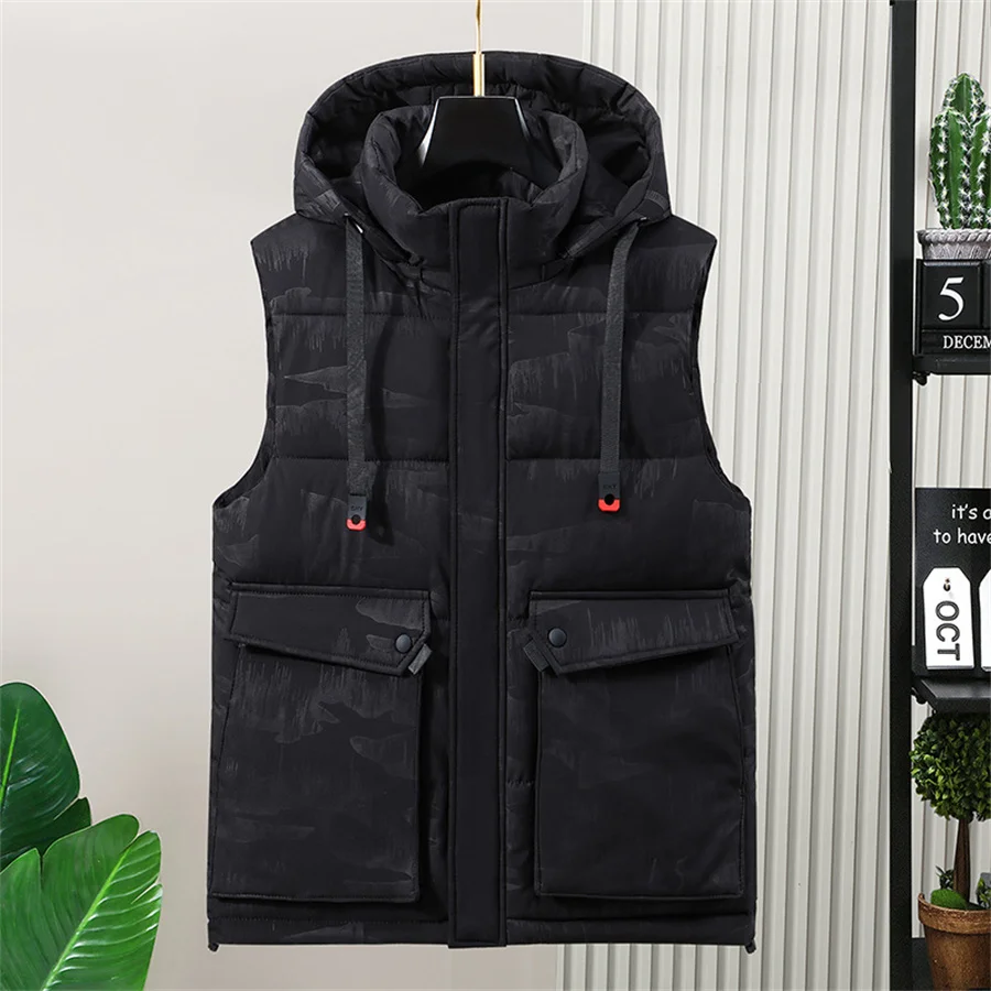 Oversize 8XL Men's Cargo Vest Winter Warm Sleeveless Jacket Cotton Padded Waistcoat Men Clothes Male Loose Coat Casual Workwear