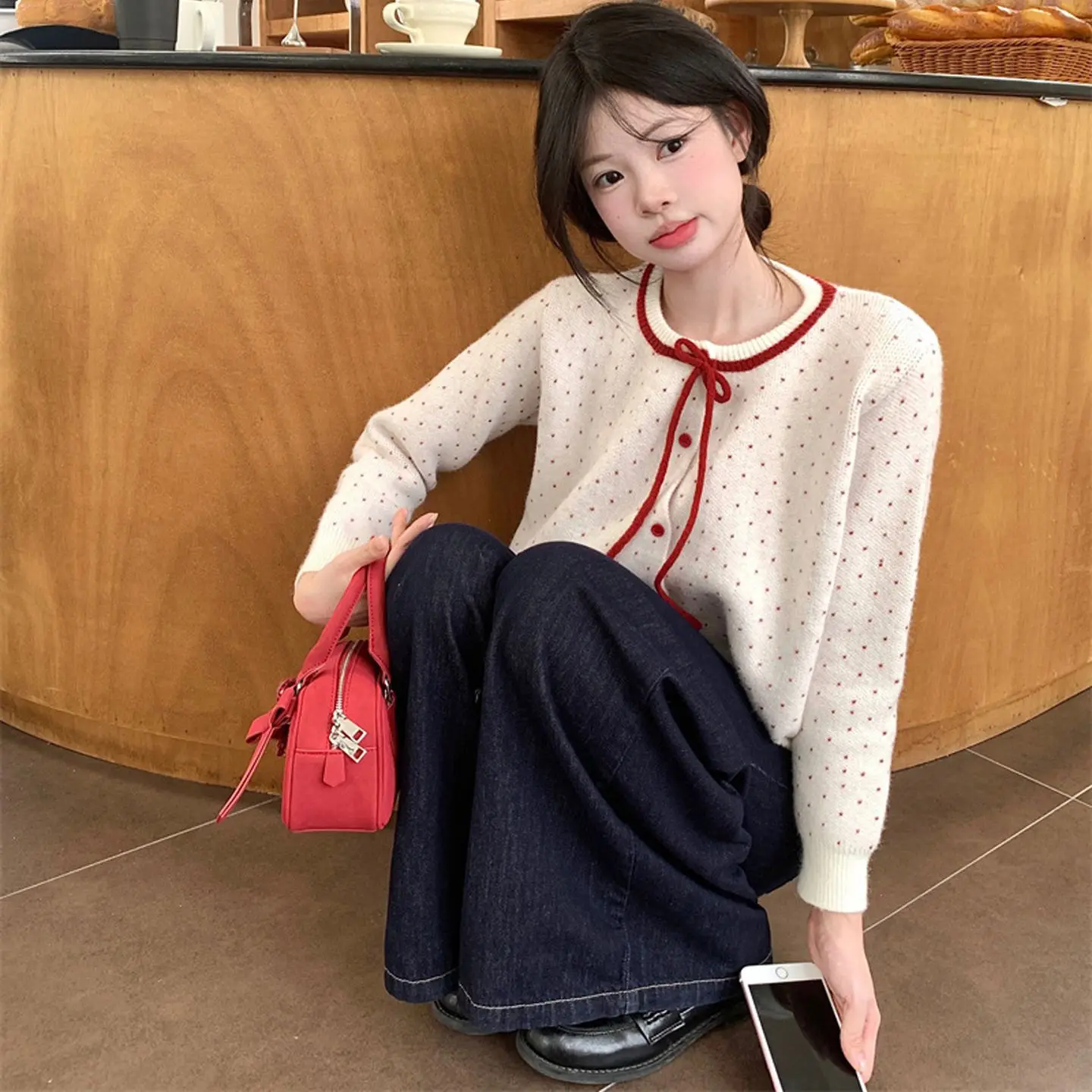 

Red Polka Dot ort Knitted Sweater Coat Women's Spring Autumn Winter Outerwear Korean Sle Small Size Knot Cardigan