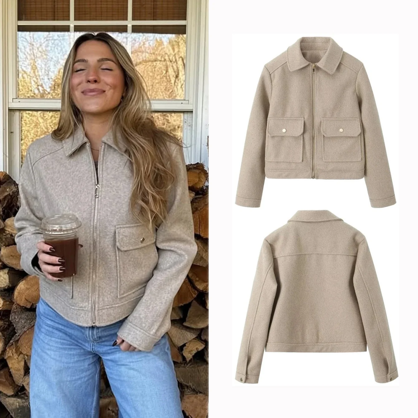 

Женские короткие шерстяные тканевые куртки, осенне-зимняя однотонная куртка на молнии с длинными рукавами и передним карманом, женская повседневная верхняя одежда, уличная одежда