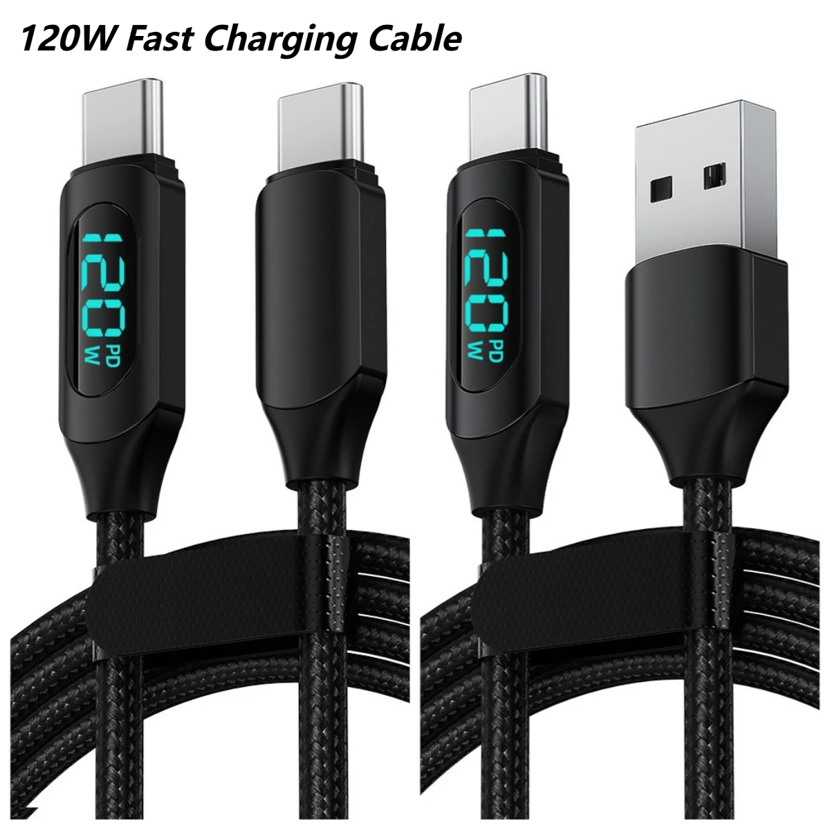 

Кабель для быстрой зарядки PD мощностью 120 Вт, USB C–C со светодиодным цифровым дисплеем, нейлоновый плетеный шнур для передачи данных для iPhone 15 16 Samsung Xiaomi