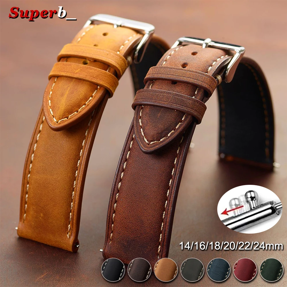 Cowhide Watch Strap 14mm 16mm 18mm 20mm 22mm 24mm Retro Deep Brown Quick Release Watchband for Samsung Galaxy Watch 7/6/5/4 44mm