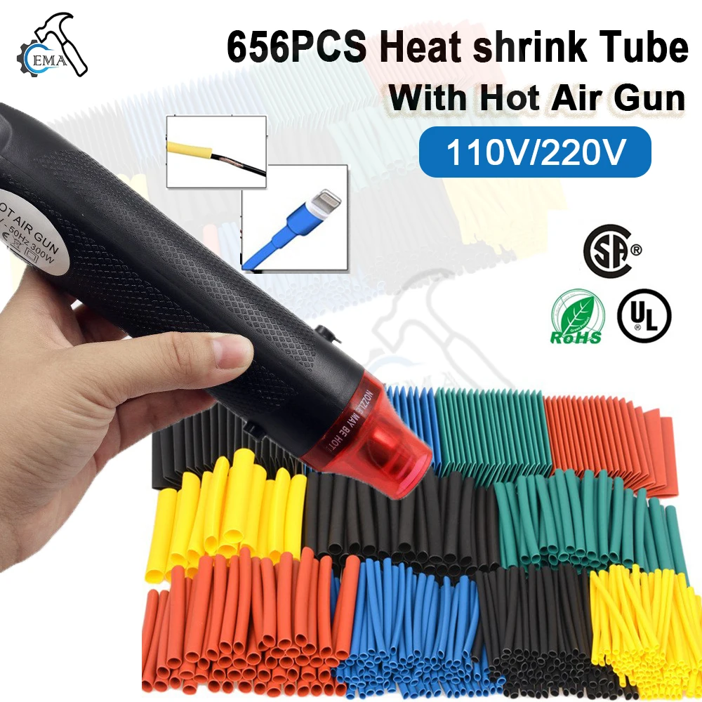 656/1060 قطعة أنبوب الانكماش الحراري مع 300 واط مجموعة مسدسات الهواء الساخن الاتحاد الأوروبي الولايات المتحدة 110 فولت 220 فولت مجموعة أنابيب الانكماش الحراري 2:1 غطاء كابل إصلاح الحماية