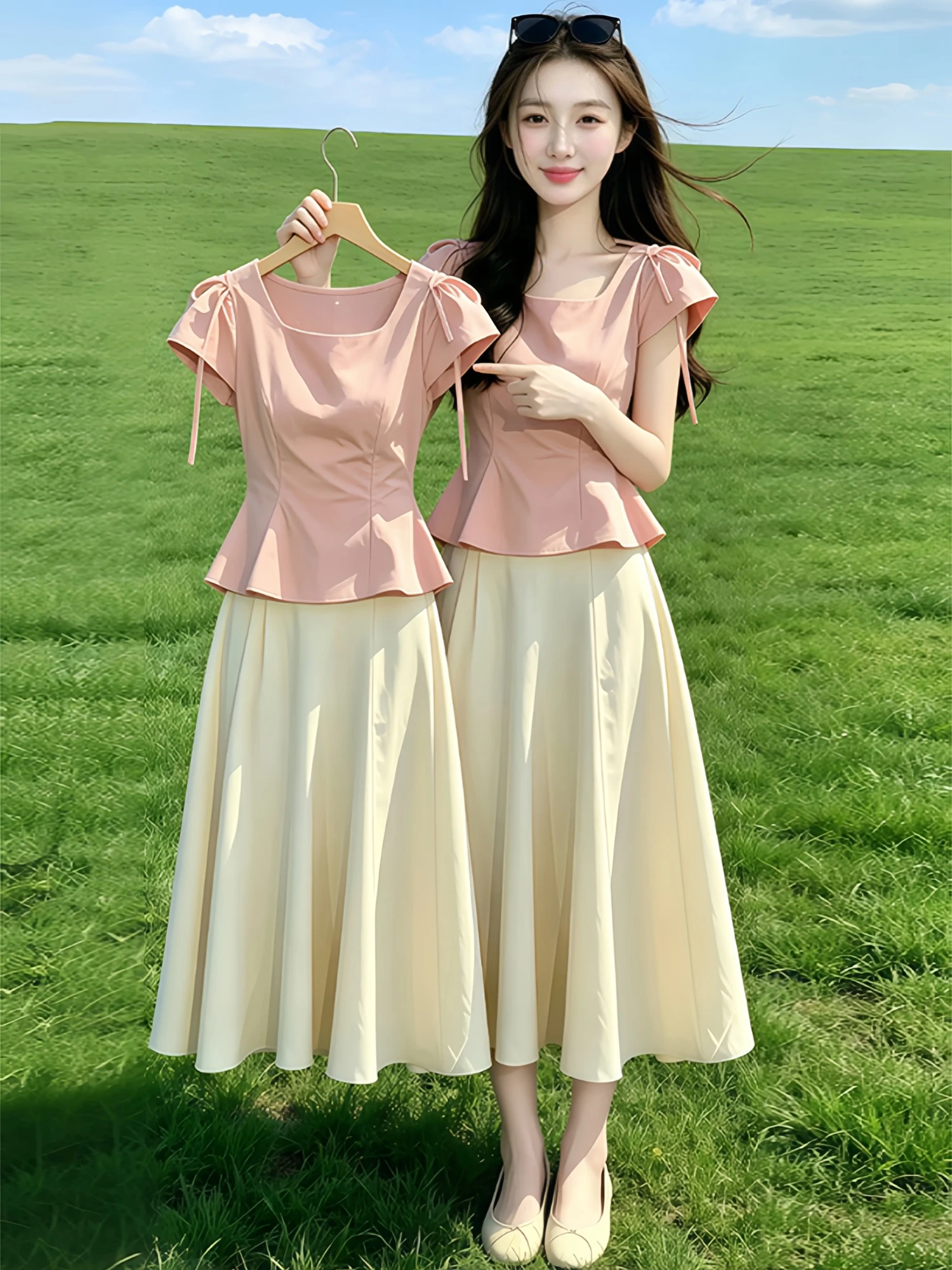 

Cherry Blossom Pink Short Sleeve Top And Beige Skirt Set Women's Summer Fashion Casual Wear Breathable mid Weight