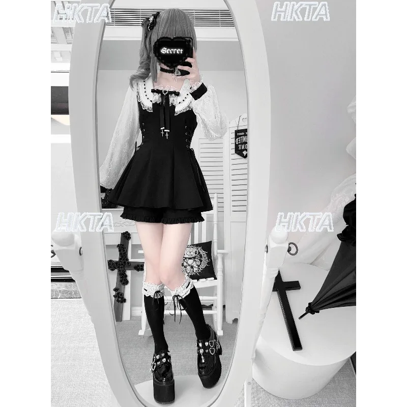 日本製大量生産スクエアネック長袖レースエッジボウラインストーン黒格子柄ドレスレースショーツロリータセット女性用