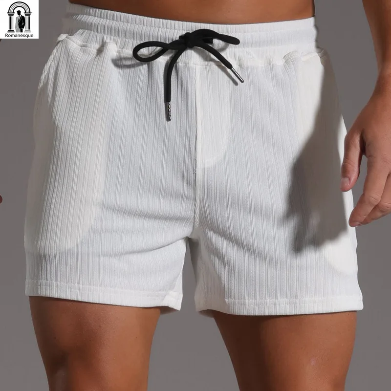 Men's Slim Fit Casual Shorts Solid Color Drawstring Elastic Waist Sports Shorts Male Gym Workout Beach Short Pants
