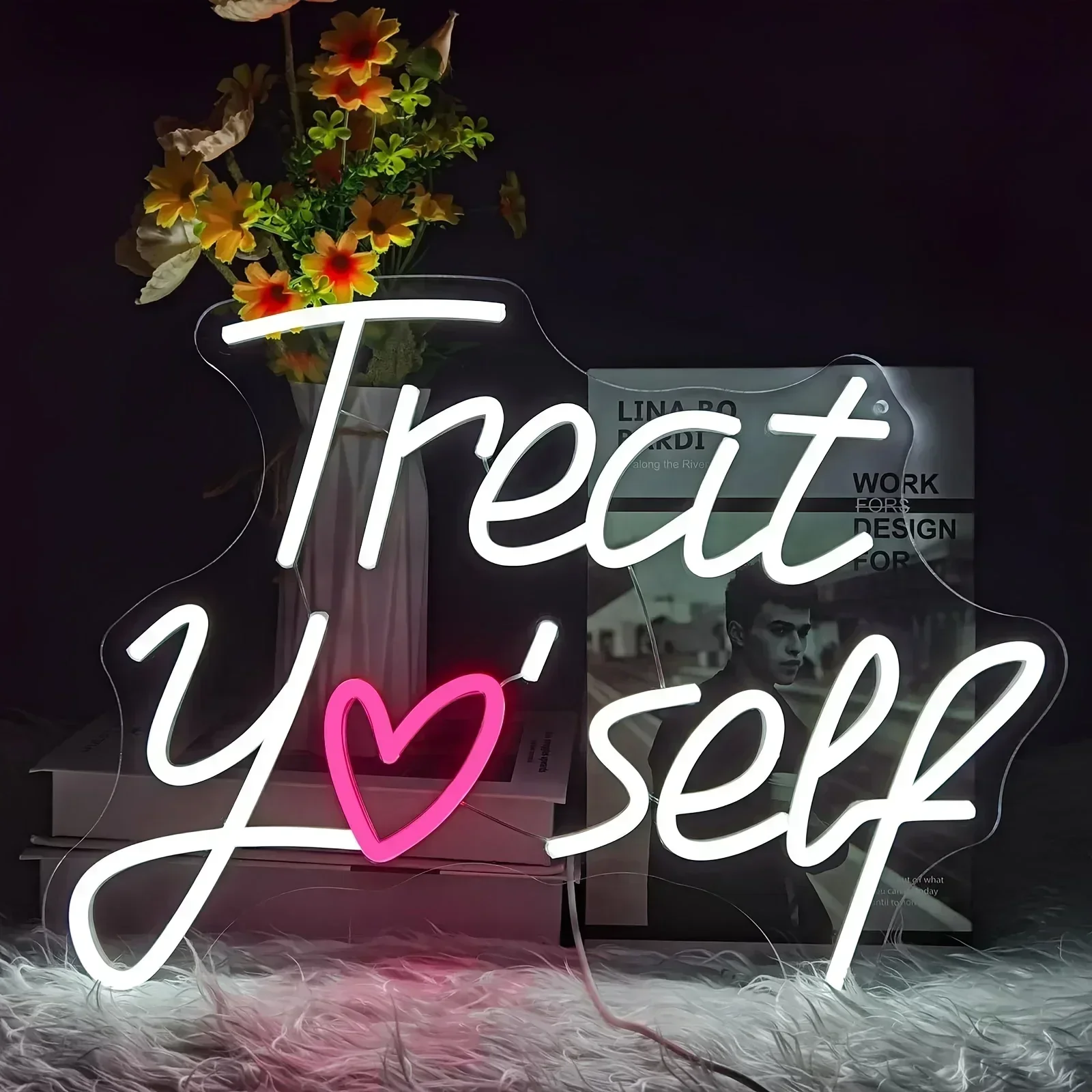 Treat Yo Self Neon Sign Pink Heart LED Wall Art Self Care Quote Glow USB Powered Dimmable Acrylic Lamp Bedroom Salon Decor