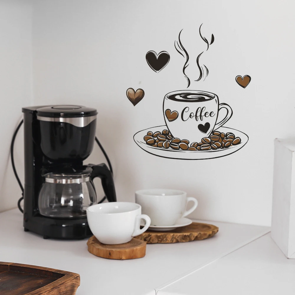 `Coffee Cup Coffee Beans Heart Wall Sticker Warm Coffee Letter Vinyl Decal For Kitchen Cafe Dining Room Home Art Mural Decor`