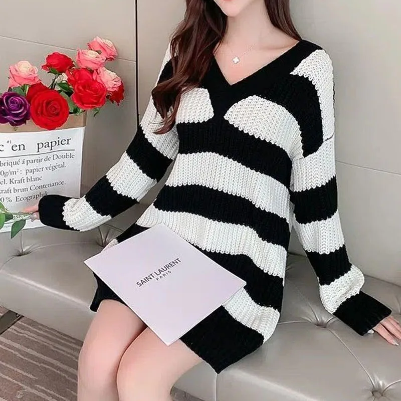 Trend Striped Hollow Out Loose Knitted Dresses Autumn Winter Women\'s Clothing Fashionable Korean Round Neck Long Sleeve Dress