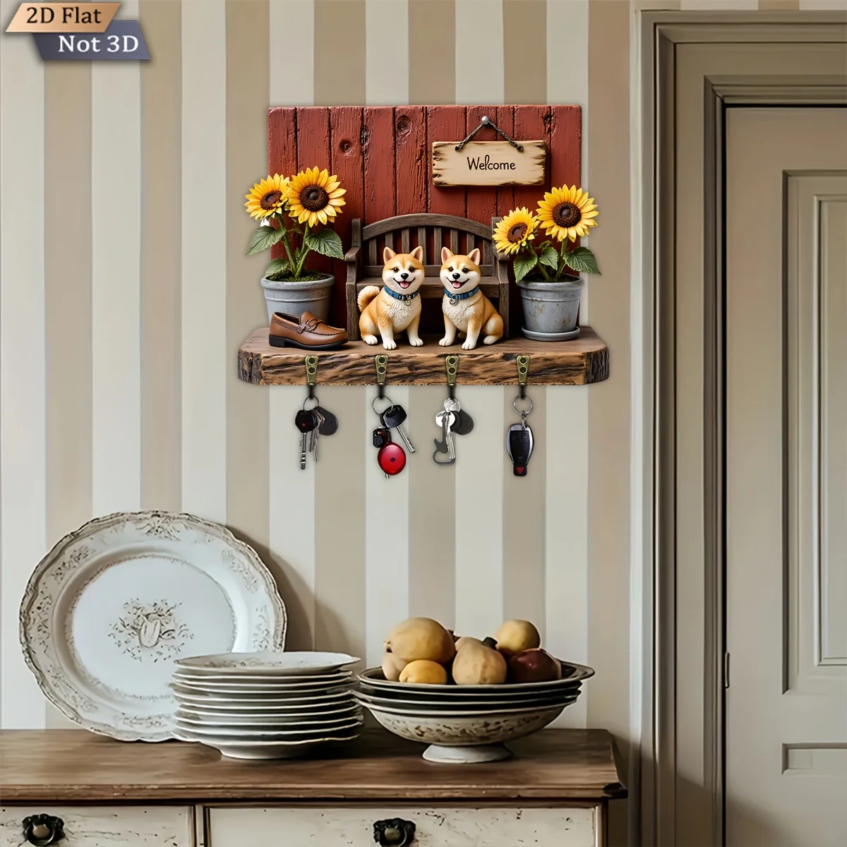 2D Flat, 1pc, Shiba Inu Sunflower Theme Key Hook - Wooden Multi-functional Home Keys Holder with Four Metal hooks. Wall