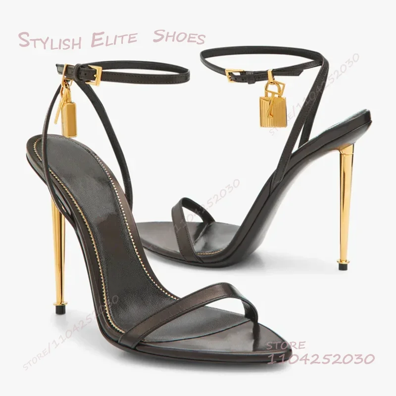 Sandalias de tacón de aguja de Metal dorado para mujer, cadena de bloqueo, tacones con grafiti de leopardo de cuero negro, hebilla de tacón abierto, zapatos sexis simples para oficina para mujer