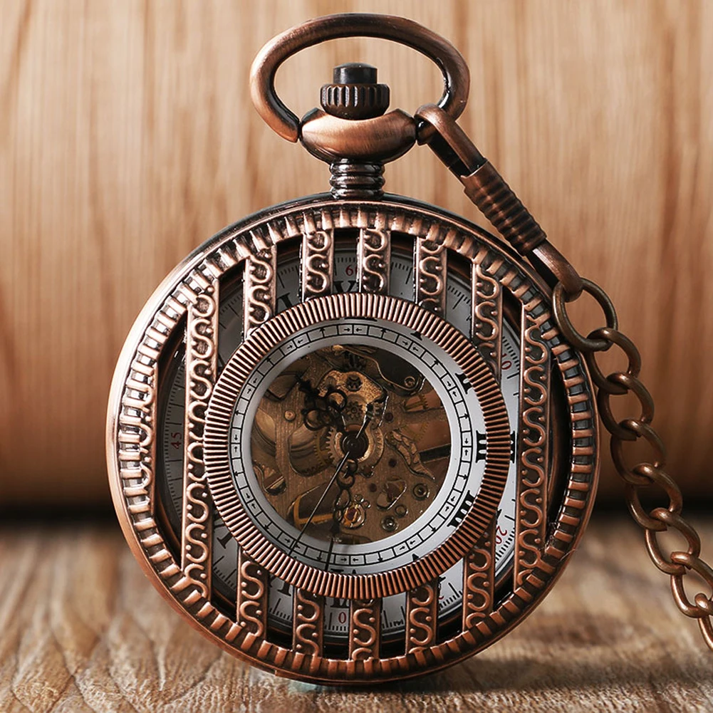 

Rose Gold Hollow Men's Pocket Watch Roman Numerals White Dial Vintage Mechanical Hand Winding Fob Chain Pendant Clock Gift Men