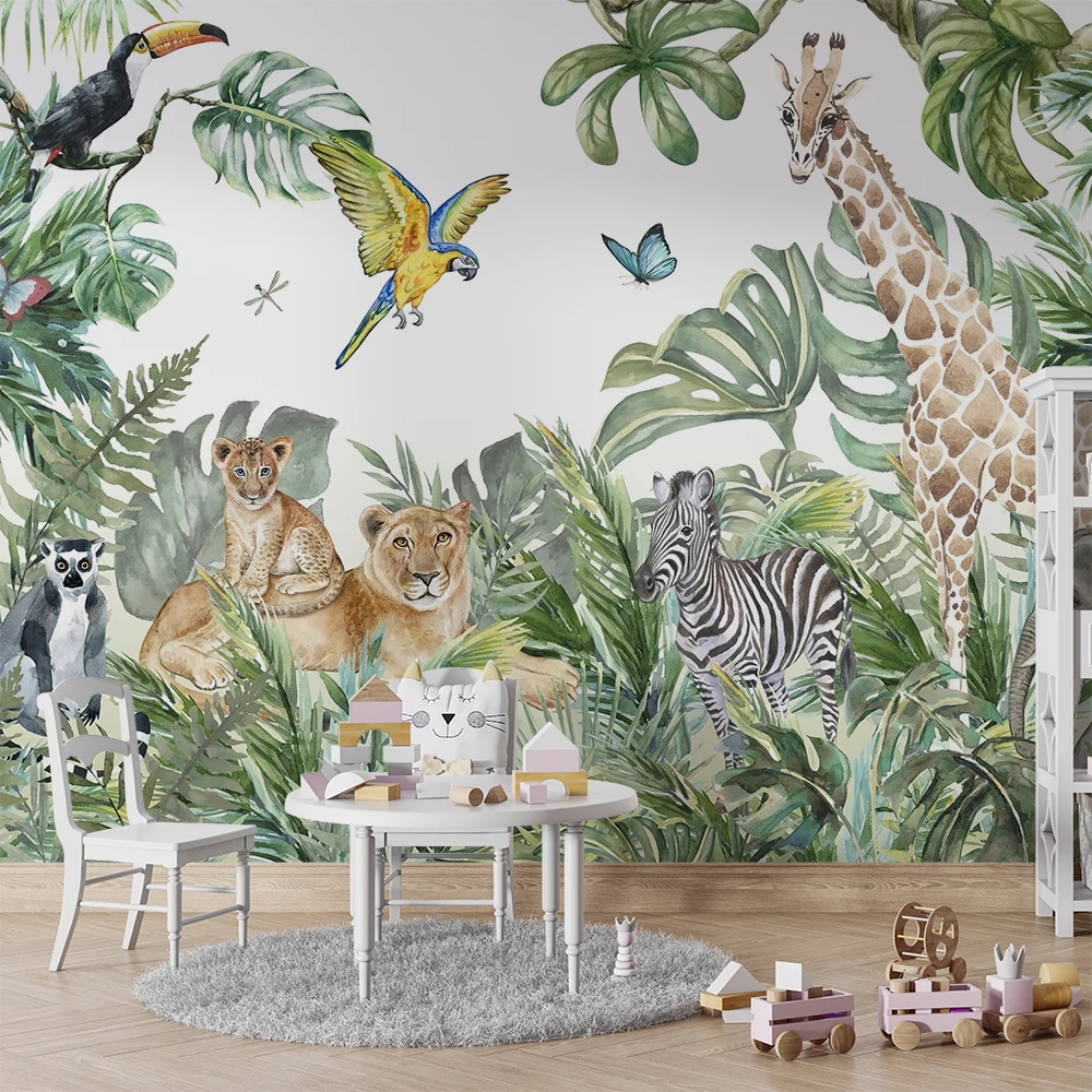 

Cartoon Safari Removable 3d mural wallpaper Non woven tropical 3D wall paper murals Tropical Jungle Animals flower wall papers