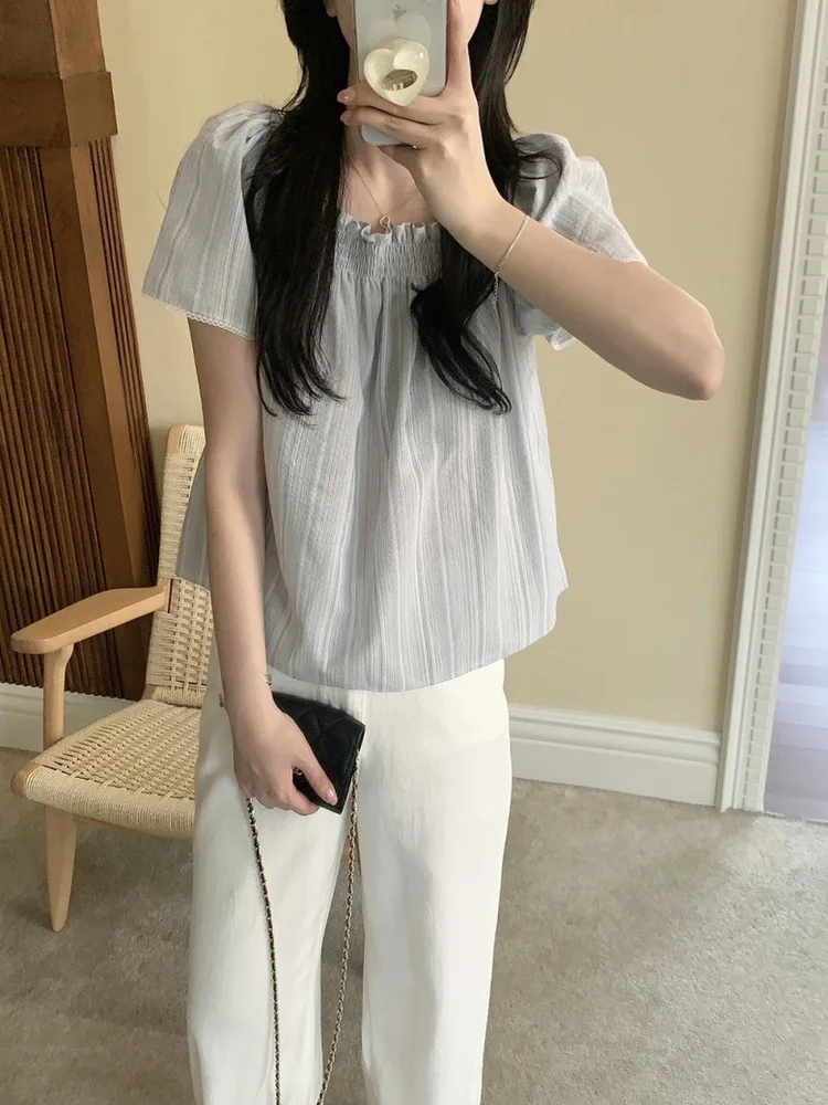 Loose Fit Lace Trim Bubble Sve irt Women's Collar Pleated Ear Look Top Trendy Sweet Youthful ort Sve Polyester