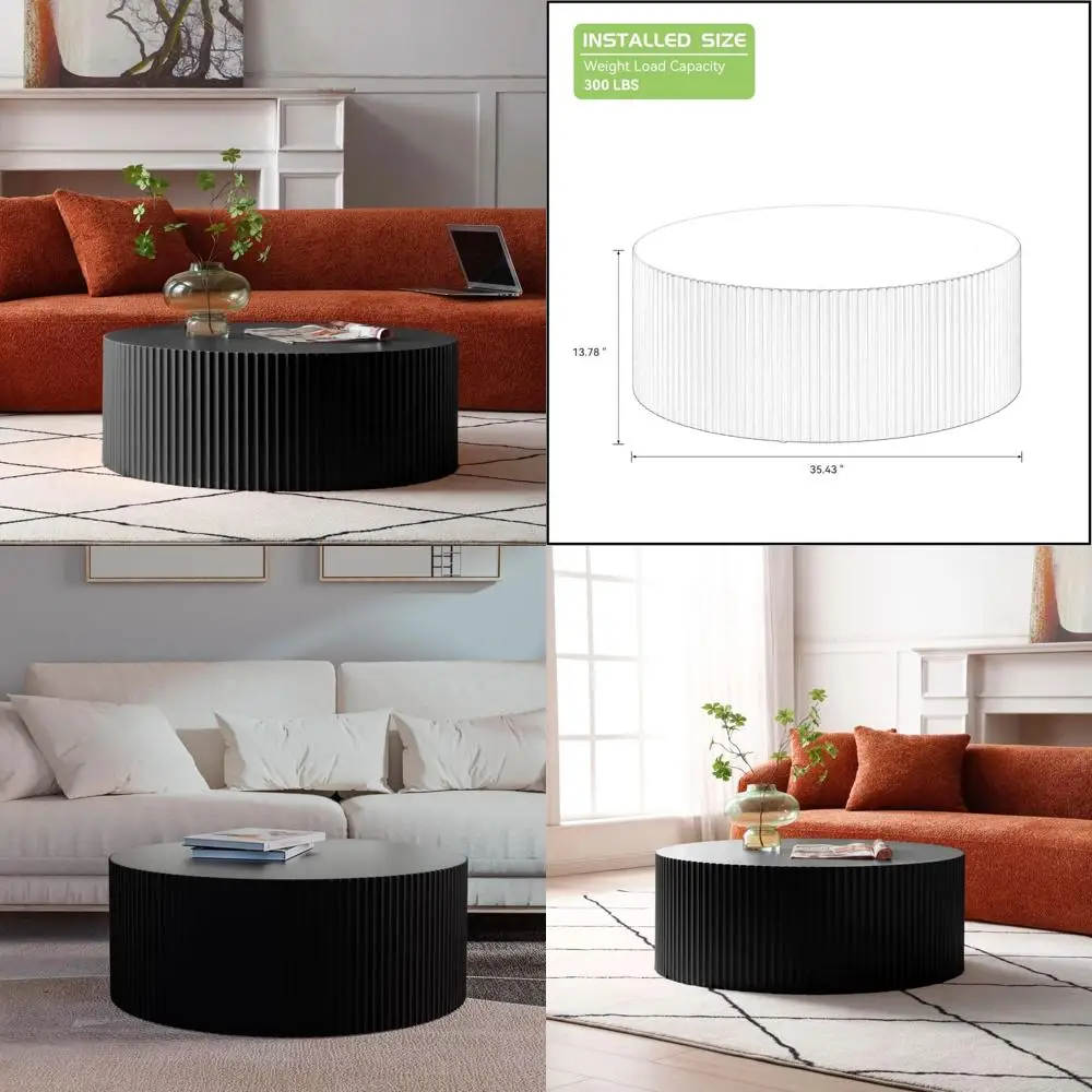 

Round Black Coffee Table, 35.43 Wood Drum Style Side Table for Living Room and Home Office