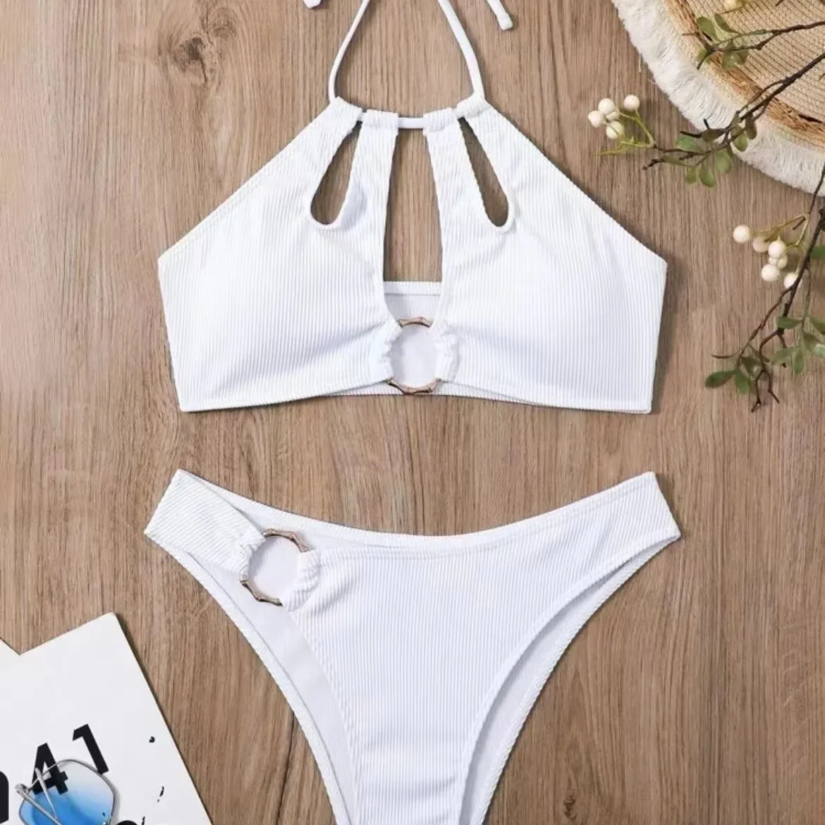 New Women's Premium Solid Color Pit Strip Split Neck Sexy Swimsuit