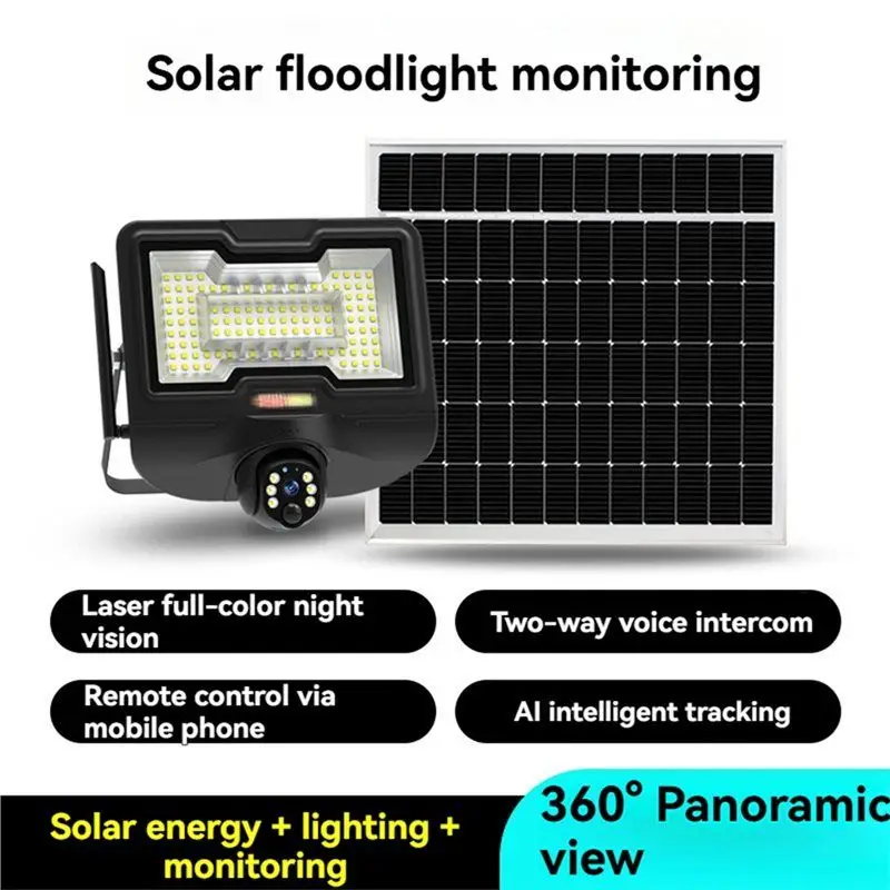 B44C Solar Powered 600W Flood Light& 360° 4K HD 3MP IP65 Waterproof Surveillance Camera For Outdoor Garden Orchard Farm