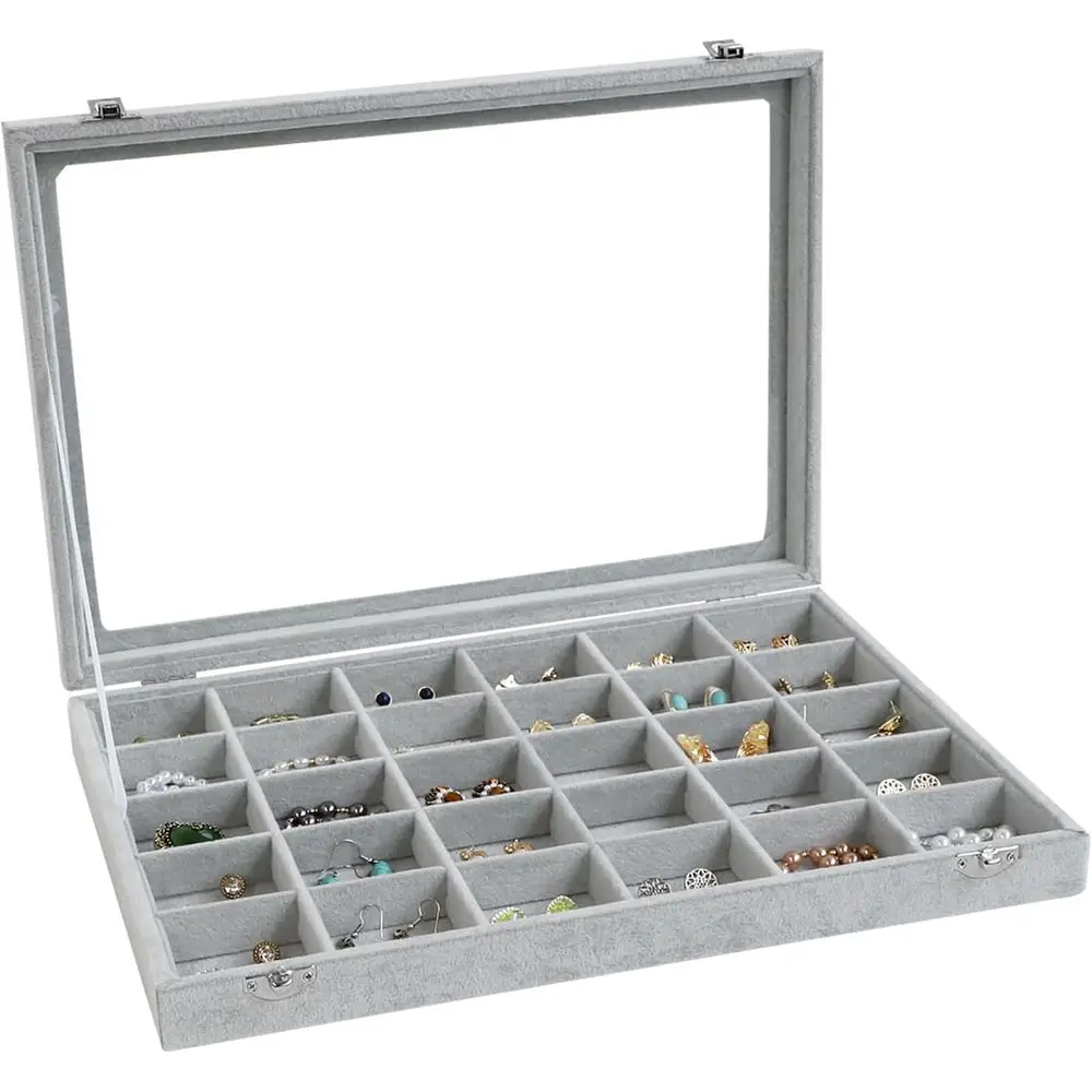 

Stackable Velvet 30-Grid Jewelry Box with Clear Lid for Storage and Display