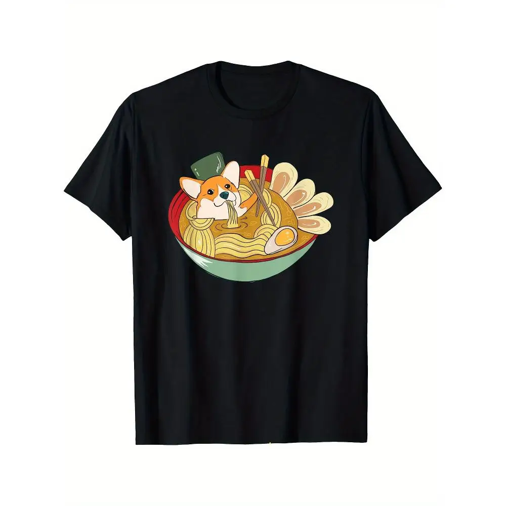 Cute Corgi Ramen Print T Shirt Crew Neck Short Sleeve Casual Stretch Regular Fit Daily Wear Comfortable Breathable Fashion