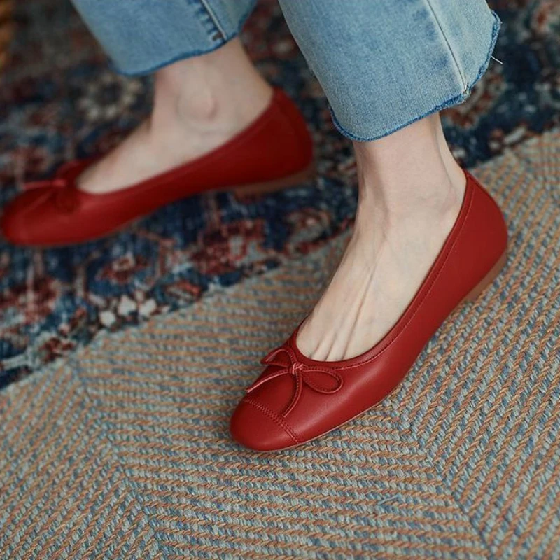 Women\'s Summer Footwear with Bow Red Shoes for Woman 2024 Round Toe Flat Flats Normal Leather Casual Free Shipping Offer Fashion