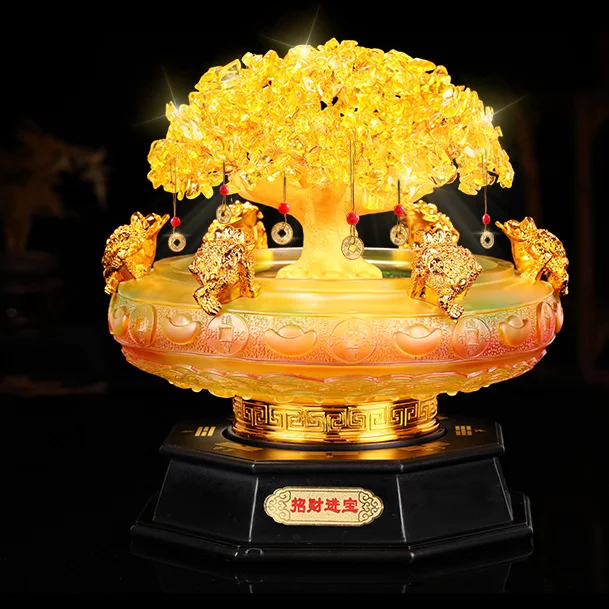 home shop company Bring wealth Money Drawing GOOD LUCK crystal FA CAI SHU Pachira Tree JIN CHAN talisman statue