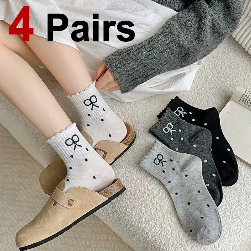 

4 Pairs Women Bow Printed Mid Tube Socks Fashionable Polka Dot Lace Soft Comfortable Sweat Absorbing Breathable Casual Socks﻿