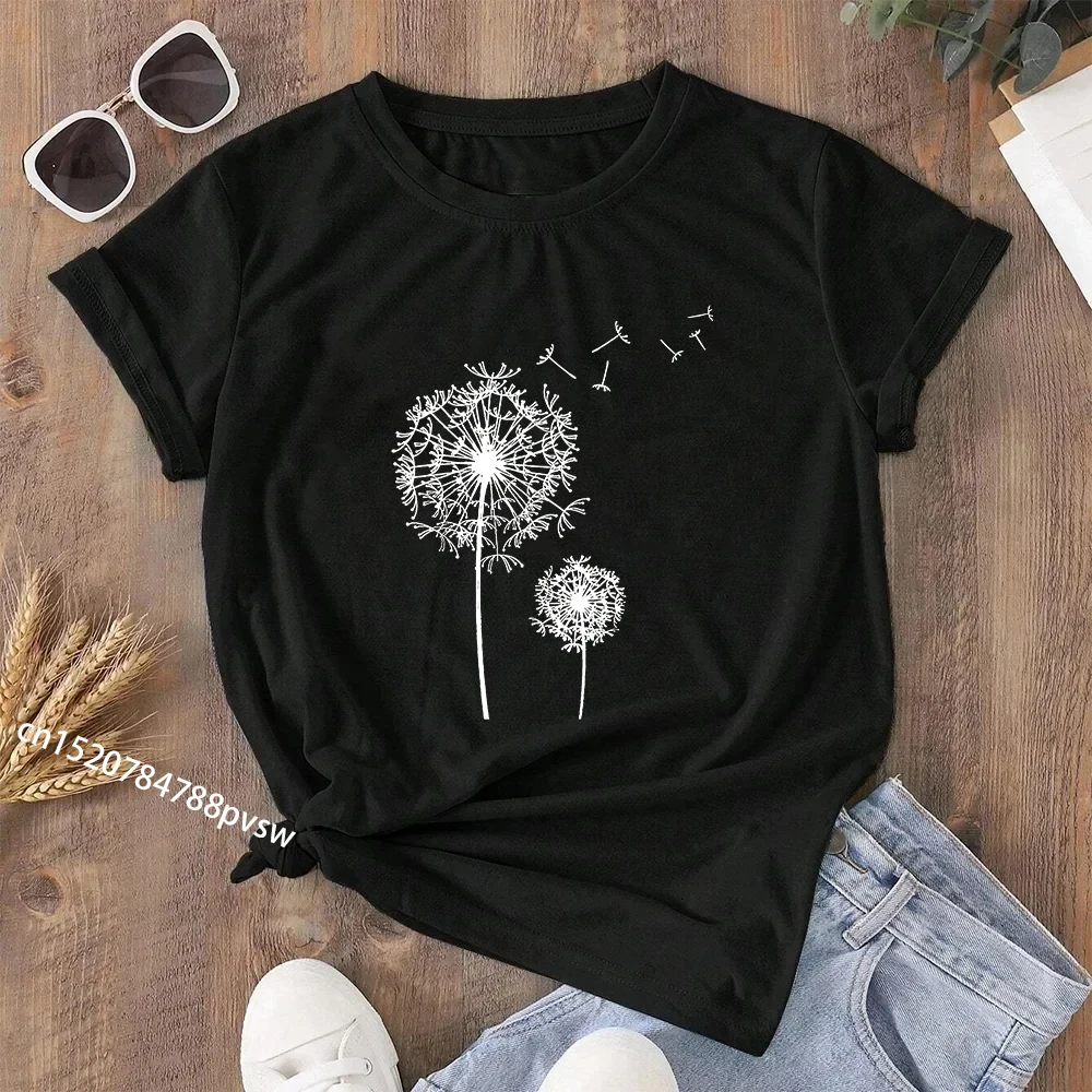 Dandelion impressão tripulação pescoço camiseta feminina menina harajuku y2k 90s casual manga curta topo para primavera verão, roupas femininas